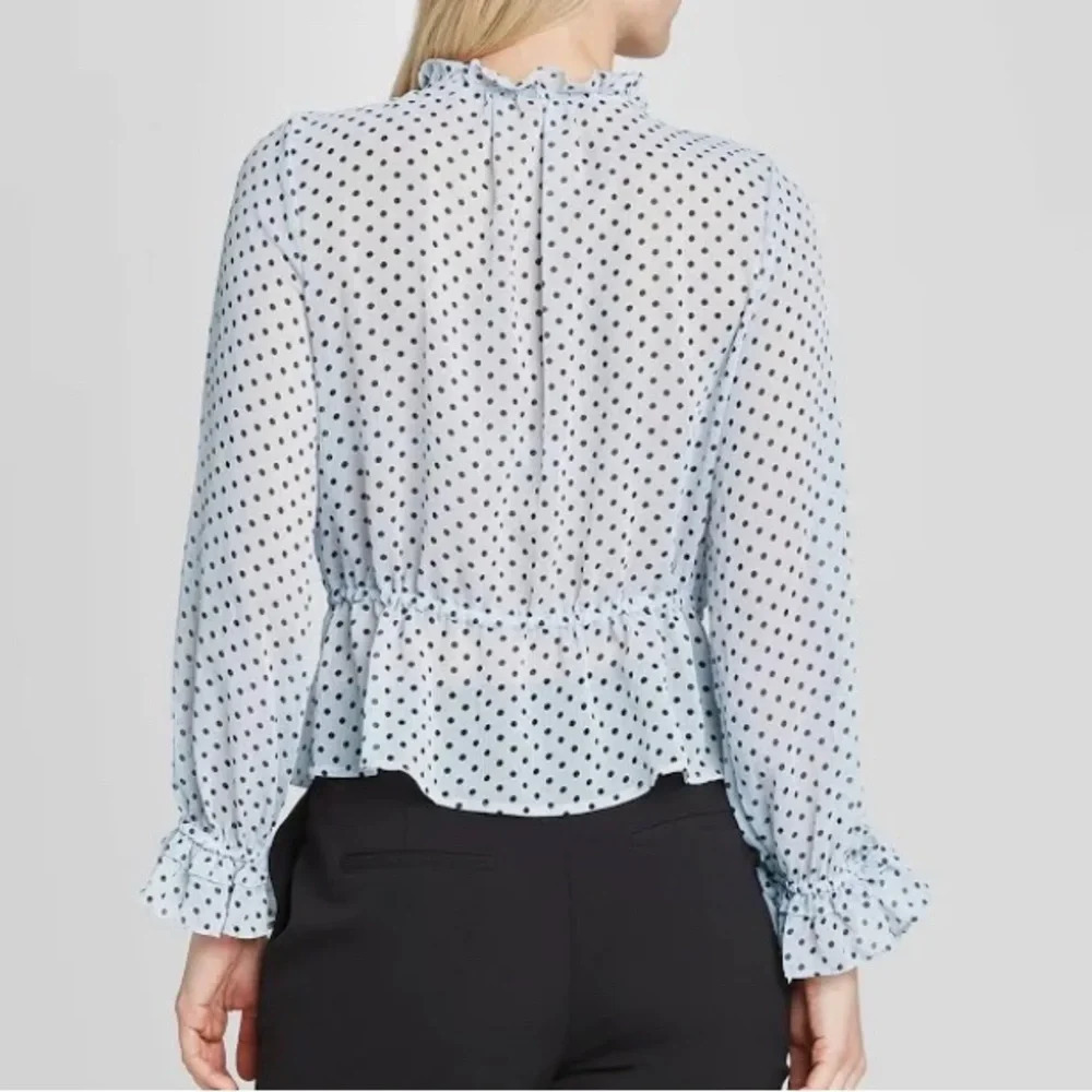 Who What Wear XL Polka Dot Sheer Ruffle Blouse Coquette Drawstring Cottagecore - Picture 4 of 9